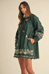 Embroidered Long Sleeve Peasant Mini Dress Mable